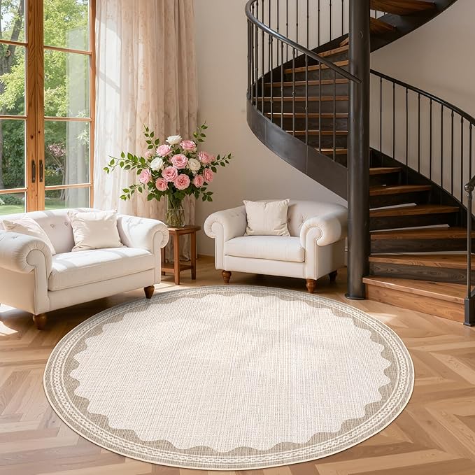 Scalloped Beige 4ft Round Rug Washable Non-Slip Soft Ultra-Thin Small Circle Modern Cottage Core Solid Carpet for Entryway Kitchen Bedroom Nursery Dining Room