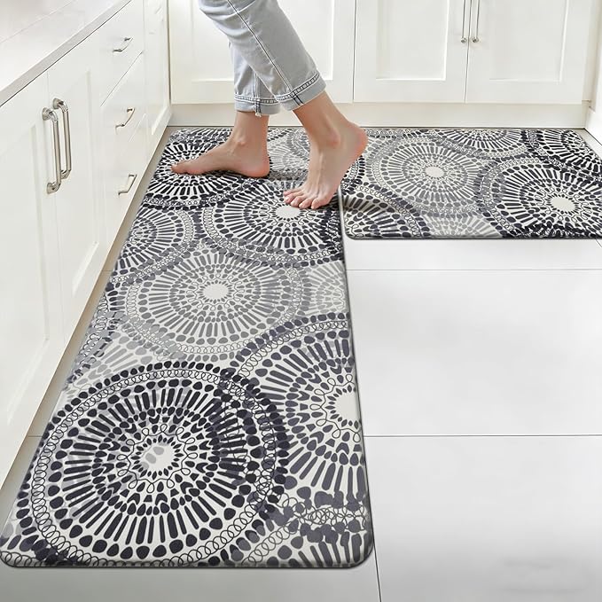 HEBE Cushioned Kitchen Mats for Floor Set of 2, Non Slip Anti Fatigue Kitchen Rugs and Mats, Floral Waterproof Comfort Foam Standing Mat Floor Carpet for Kitchen,Home Office,Sink,Laundry