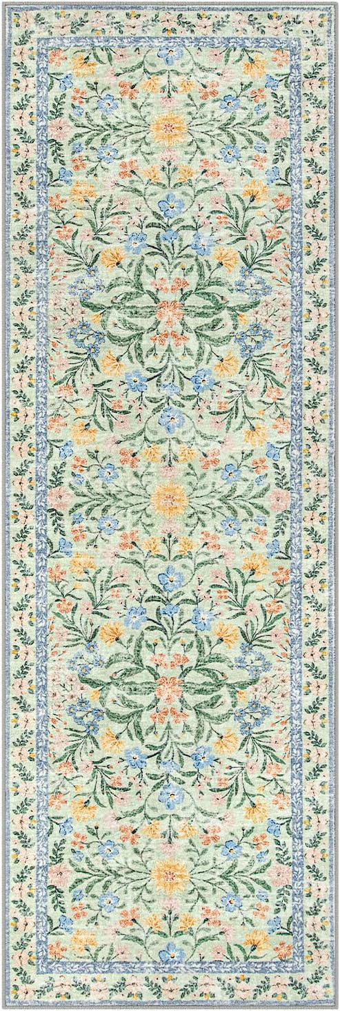 Lahome Sylvie Washable Runner Rug 2x6, Boho Bathroom Rug Runner, Vintage Floral Soft Thin Indoor Throw Carpet for Entryway Bedroom Hallway Bath Laundry Room, Green/Multi