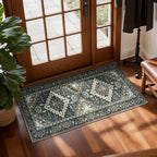 Lessymo 2 x 4 Entryway Rug, Machine Washable Area Rugs Boho Faux Wool Low Pile Area Rug for Bedroom, Floral Medallion Vintage Outdoor Rugs with Non-Slip Rubber,Black Brown