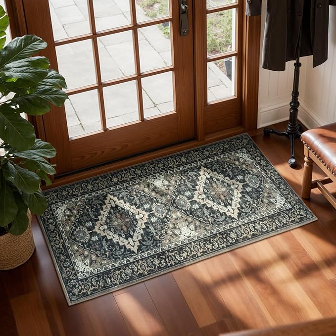 Lessymo 2 x 4 Entryway Rug, Machine Washable Area Rugs Boho Faux Wool Low Pile Area Rug for Bedroom, Floral Medallion Vintage Outdoor Rugs with Non-Slip Rubber,Black Brown