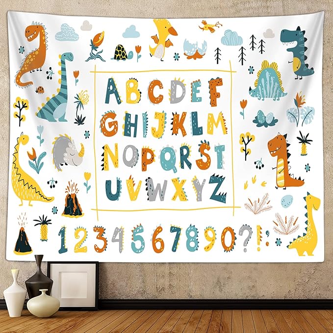 Alphabet Poster Tapestry for Kids Boys Girls Bedroom, ABC Learning for Toddlers Cute Dinosaur Art Educational Tapestries Wall Hanging Classroom Living Room Office Decor 60X40"