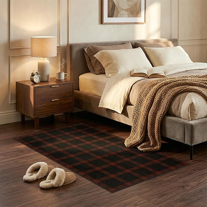 JTJ 3x5 Retro Buffalo Plaid Outdoor Rug - Front Door Mat Indoor Entrance, Non Slip Washable Rug for Kitchen, Living Room and Fireplace,Washable Easy Jute Red and Black Fall & Holiday Decor