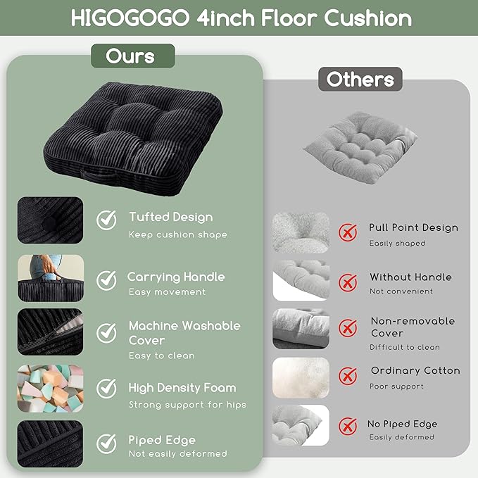 HIGOGOGO Floor Pillow Cushion for Adults, Meditation Cushion Pillow, Large Square Floor Sitting, Tufted Corduroy Cover, for Tatami Living Room or Yoga, 22x22 Inch, 2Pack, Black