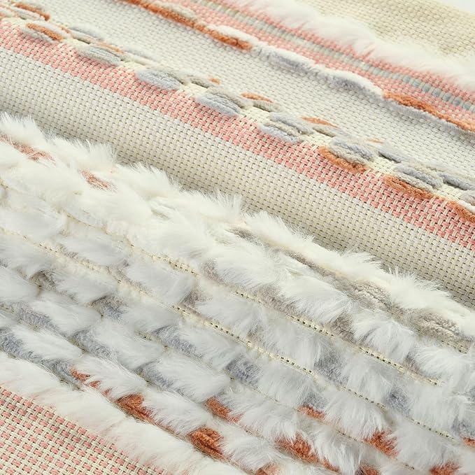FUTEI Grey Blue Coral Accent Throw Pillow Covers Set of 2, 12x20 Inch Plush Tufted Striped Textured Decorative Pillow Cases for Farmhouse Boho Couch Decor
