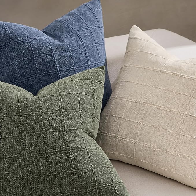 Woaboy Linen Check Throw Pillow Covers Set of 2 - Natural Beige Farmhouse Modern Boho Vintage Decorative Cushion Covers for Sofa Couch Bedroom Living Room Decor 22x22 Inch