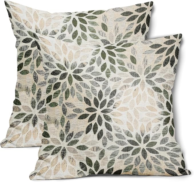 Olive Green Dahlia Throw Pillow Covers 22x22 Inch Rustic Geometric Flower Decorative Square Pillow Cases Beige Tan Gray Floral Cushion Covers Farmhouse Home Decor For Sofa Couch Outdoor Set of 2