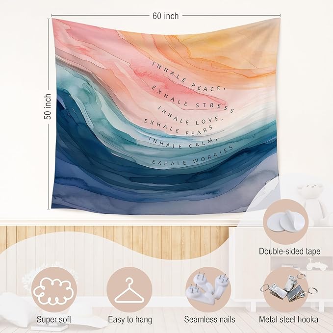 WARDOS Mental Health Tapestry, Inhale Exhale Mental Health Tapestry Wall Hanging, Abstract Watercolor Meditation Wall Blanket Decor for Therapist Counselor Calming Office, 50x60 Inch