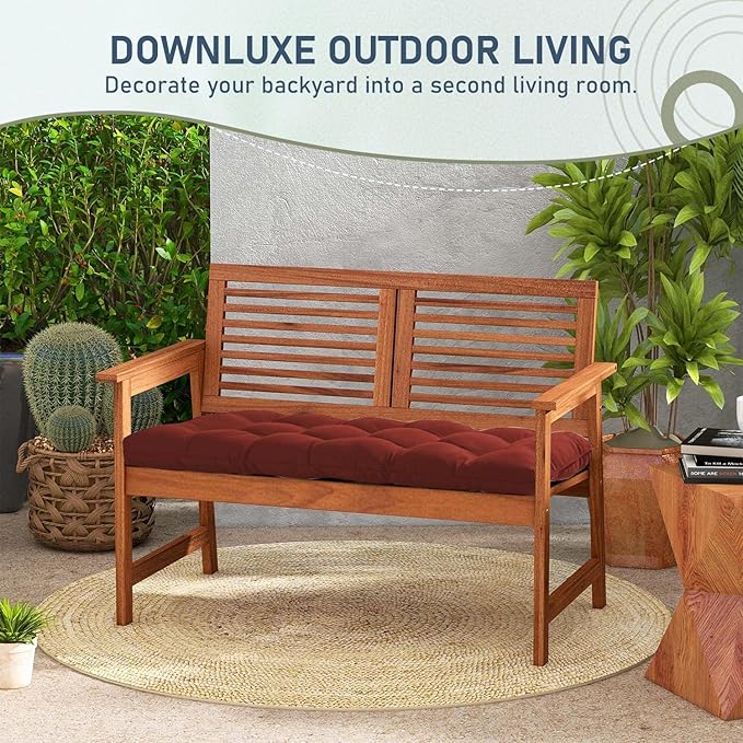 downluxe Outdoor Bench Cushion for Patio Furniture, Water Resistant Tufted Overstuffed Porch Swing Cushions, Thick Outdoor Loveseat Cushions, 44" X 19" X 5", Brick Red, Set of 1