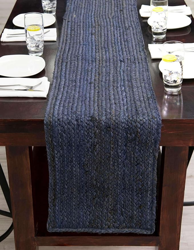 Unique Loom Braided Jute Collection Area Rug - Dhaka (1' 2" x 10' Table Runner, Navy Blue)