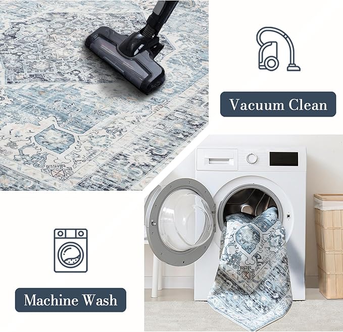 Area Rug 8×10, Large Vintage Boho Rug,Ultra-Soft Low Pile, Washable, Non Slip,Stain Resistant, Printed Carpet for Living Room Bedrooms Playroom Office Kitchen, Light Blue