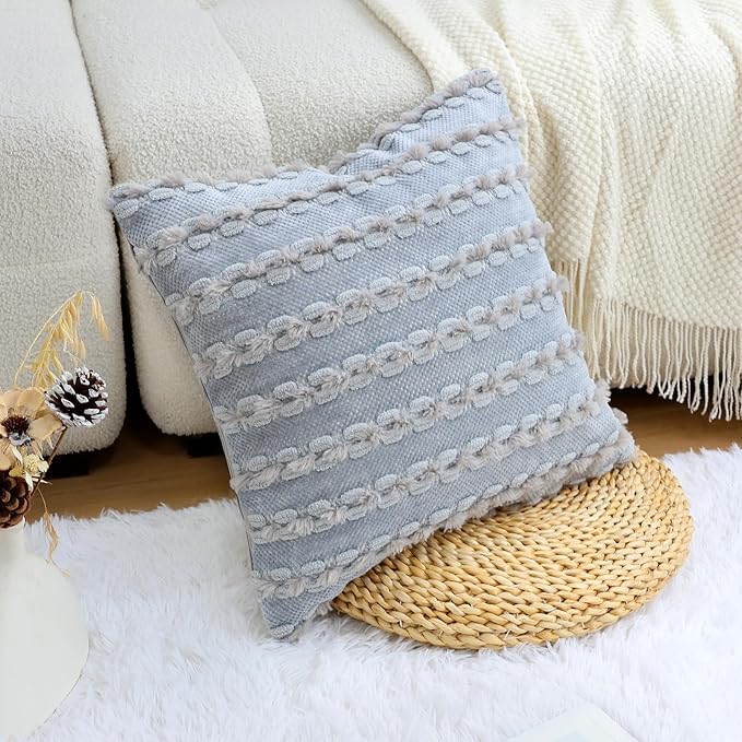 18x18 Boho Pillow Cover - Chenille Tufted Decorative Throw Pillow Cover Soft Velvet Backing, Farmhouse Striped Square Accent Pillow Case for Sofa, Couch, Bedroom, Living Room, Light Grey
