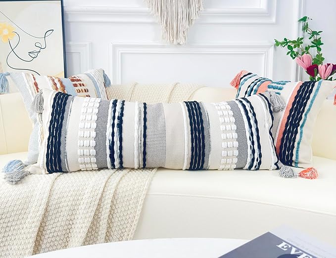 Chenille and Cotton Long Pillow for Bed, Striped Textured Boho Lumbar Throw Pillow Cover 14x36, Neutral Accent Decorative Extra Long Body Pillow Case for Couch, Sofa, Bedroom, Black and White