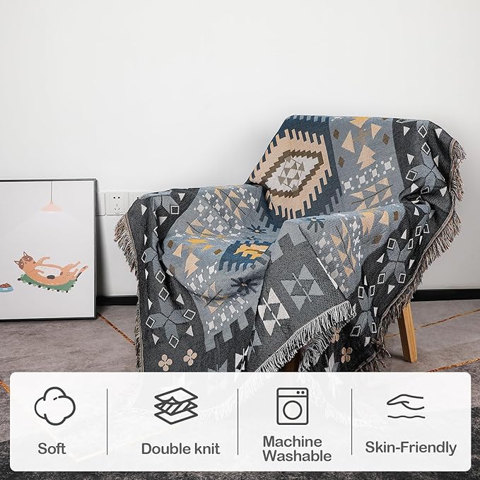 Snycler Boho Throw Blanket for Bed 50 * 60inch Woven Blanket Cotton Polyester Farmhouse Decor for Indoor Outdoor Sofa Bedroom Garden，All Season(Blue)