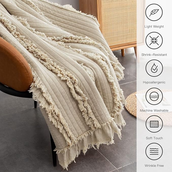 Ultra Soft Pre-Washed Quilted Boho Beige King Size Blankets for Bed, Ruffle Fringed Decorative Throw, Stone Washed Chic Rustic Blanket for Sofa Couch Bed, 104"*90"
