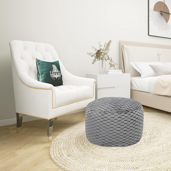 Fur Ottoman Stool Unstuffed Footstool Cover Pouf Foot Rest 20x20x12 Inches Round Poof Seat Floor Bean Bag Chair Foldable Storage for Living Room Bedroom Solid Grey