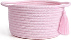 Small Cute Pink Gift Basket Empty to Fill — Mini Wicker Woven Cotton Rope Organizer 8"×4.7", Pastel Decorative Makeup Holder for Girls & Women, Bathroom, valentines/Desk Bin, Shower Gift by SweetMemo