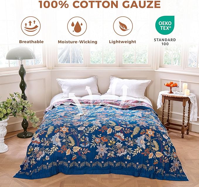 Boho Throw Blanket for Couch Sofa Chair Cotton Spring Blankets for Bedroom Living Room All Season Lightweight Reversible Floral Embroidery Throws 50"x60"