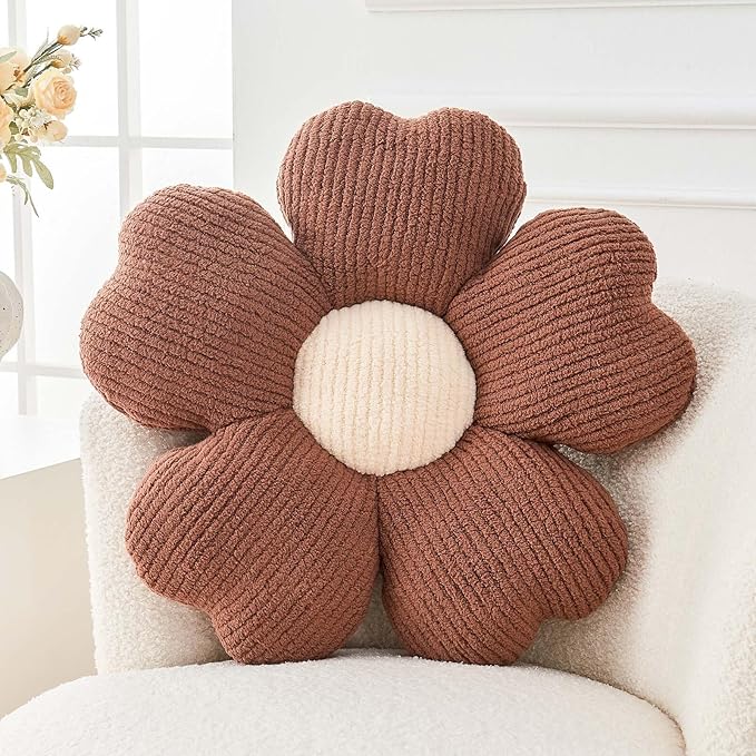 Flower Throw Pillow, Cute Flower Shaped Pillow Decorative Throw Pillow for Bed Couch, Soft Daisy Pillows Floor Seating Cushion Cushions (19.6 Inch Brown)