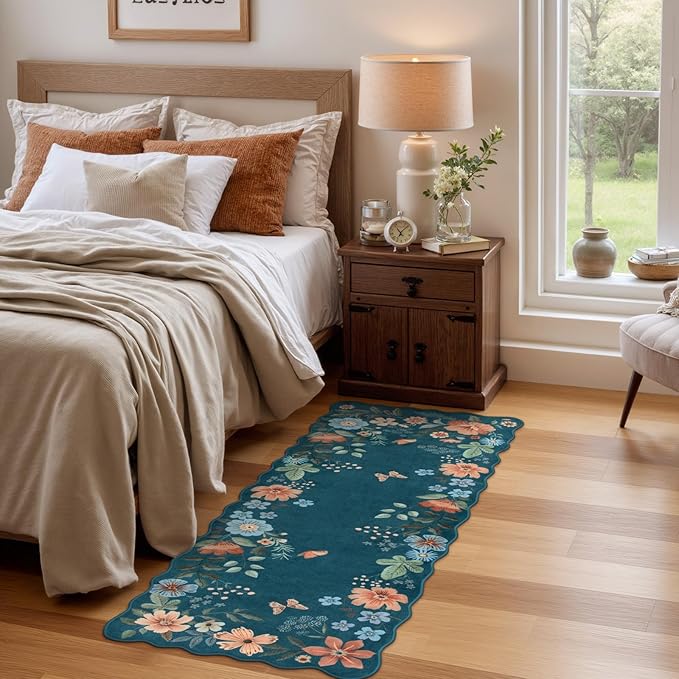 Lahome Floral Rugs for Entryway, 2x4 Washable Kitchen Rugs Ultra-Thin, Non Slip Indoor Door Mat Stain Resistant Boho Small Low-Pile Throw Carpet for Bathroom Bedroom Flore (2x4ft,Navy Blue)