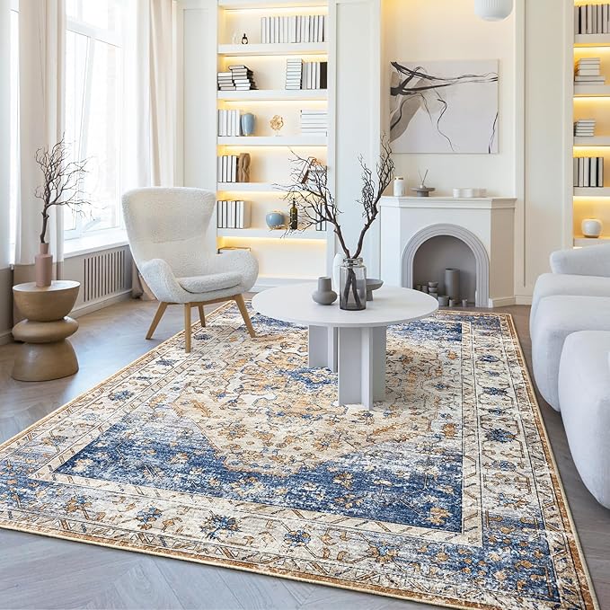Amearea Vintage Design Area Rugs for Living Room, 5x8 Machine Washable Floral Collection Traditional Bedroom Rug, Low Pile Kids Room Print Carpet, No Slip Office Kitchen Home Decor, Blue and Orange