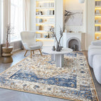 Amearea Vintage Design Area Rugs for Living Room, 4x6 Machine Washable Floral Collection Traditional Bedroom Rug, Low Pile Kids Room Print Carpet, No Slip Office Kitchen Home Decor, Blue and Orange