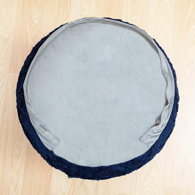 Fluffy Round Ottoman Pouf with All-in-One Foam Filling 20" x 14" Furry Ottoman Foot Rest Foot Stool for Living Room or Bedroom (Navy Blue)