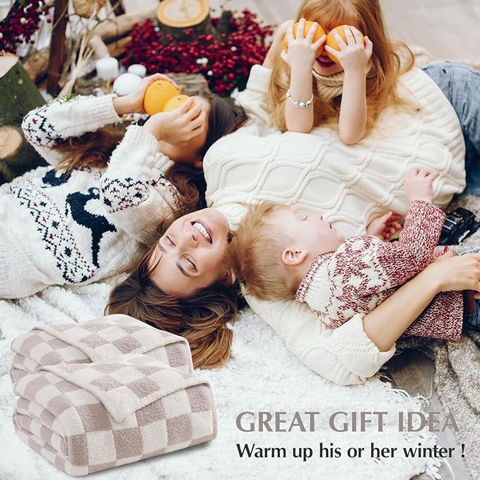 WRENSONGE Checkered Throw Blanket, Taupe Soft Cozy Fluffy Warm Hand Made Throw Blankets for Couch, Sofa, Chair, Bed, Camping, Picnic, Travel Lightweight Bed Blanket - 60"*80"