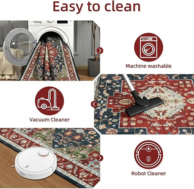 YJ.GWL Area Rugs for Living Room 8x10 Machine Washable Rugs, Non Slip Floral Vintage Rug Indoor Carpet, Stain Resistant Large Rug for Bedroom Dining Room, Red Green