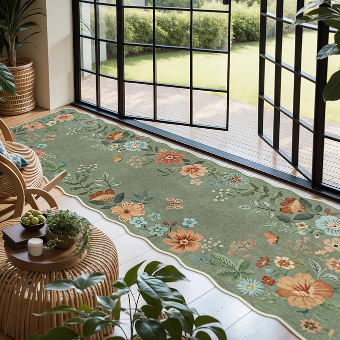 Lahome Floral Washable Runner Rug, 2'6''x8' Soft Hallway Runner Rug Non Slip, Boho Ultra-Thin Kitchen Runners for Hallways with Rubber Backing Carpet for Laundry Bedroom Flore (Green)