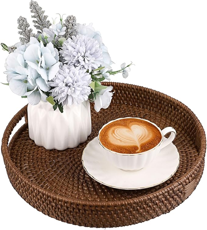 Hipiwe Round Rattan Serving Tray Handwoven Decorative Wicker Basket Trays with Handles Coffee Table Centerpiece Tray Fruit Organizer Basket for Breakfast Drinks Snack, 12 inch