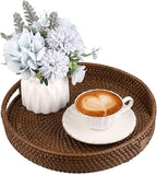 Hipiwe Round Rattan Serving Tray Handwoven Decorative Wicker Basket Trays with Handles Coffee Table Centerpiece Tray Fruit Organizer Basket for Breakfast Drinks Snack, 12 inch