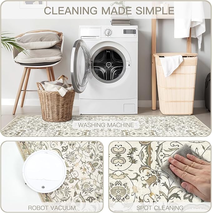 5×7 Washable Large Area Rugs for Living Room, Floral Soft Rug Non Slip Stain Resistant Carpet for Bedroom Dining Room Kitchen Farmhouse Home Decor，Beige Multi 061