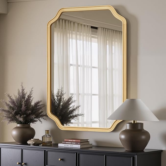 Wooden Bathroom Mirror for Wall, 24" x 36" Rustic Vanity Mirror for Over Sink, Natural Wood Wall Mirror with Decorative Rounded Corner Frame for Bathroom,Farmhouse, Entryway, Bedroom, Living Room
