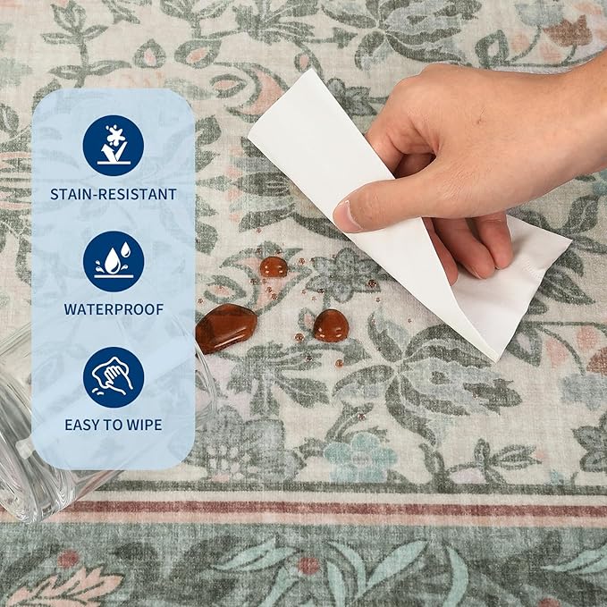 GarveeHome 5x7 Area Rugs Washable Rugs for Living Room, Boho Vintage Rug Non Slip Low Pile Stain Resistance Indoor Soft Large Carpet for Bedroom Dining Room Office Sage Green