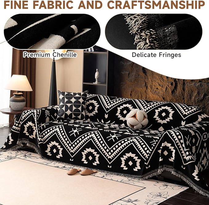 VClife Extra Large Couch Cover for Oversize Sofa Bohemian Sofa Slipcover, Aztec Geometric Chenille Sofa Cover Washable White Black Tribal Pattern Couch Protector Futon Cover 71" X 150"