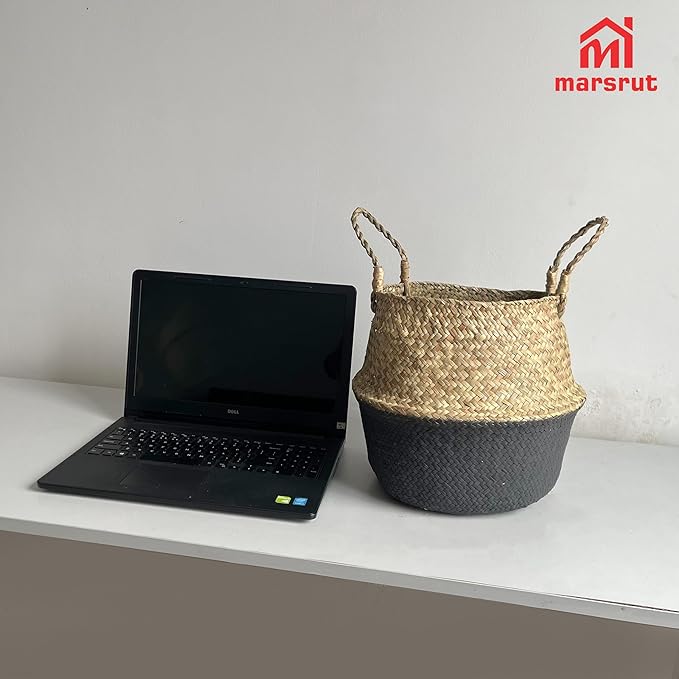 2Pcs Basket for Plant Artificial Trees, 13x11 Inch Seagrass Wicker Pots, Woven Planter Set Eco-Friendly Round Boho Holder Base with Handles for Home Decor Indoor Storage Solution, Black Bottom Pattern