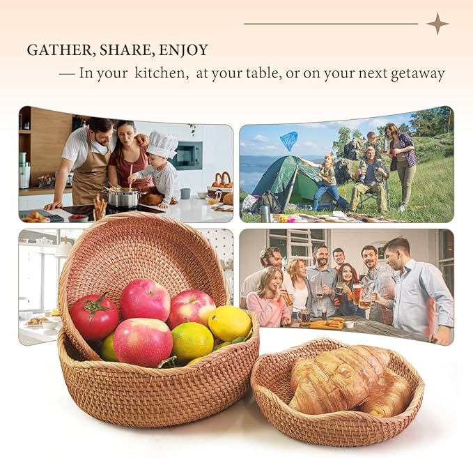 8.7" Wave Small Wicker Basket, Artisanal Rattan Fruit Basket, Key Bowl for Entryway Table, Decorative Bowl for Kitchen Counter, Bedside, Living Room, Natural Woven Fruit Bowl, Purse Bowl, Bread Basket