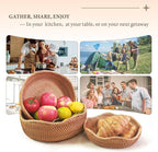 Artisanal Rattan Bread Baskets for Serving, Natural Fruit Basket for Kitchen Counter, Hand Woven Food Baskets, Wicker Bread Basket for Serving, Fruits, Snacks, Nuts, Keys, Wallets, Etc.(Wave-Combo)