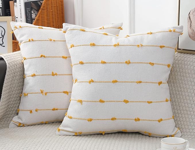 Set of 2 Boho Throw Pillow Covers 20x20,Beige Yellow Neutral Couch Pillow Case with Tassel Fringe Decorative，Modern Accent Farmhouse Cushion Covers for Sofa Couch Bed Living Room