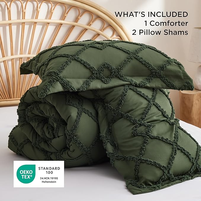 Bedsure Boho Comforter Set King - Olive Green Tufted King Size Comforter, 3 Pieces Farmhouse Shabby Chic Embroidery Bed Set, Soft Fluffy Geometric Pattern Bedding for All Seasons