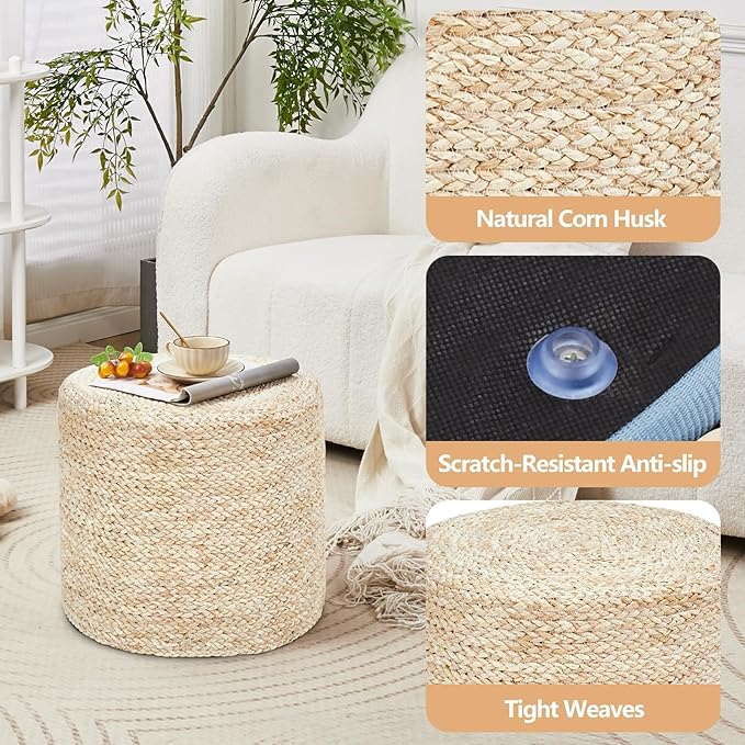 Wimarsbon 2Pcs Pouf Ottomans, Natural Seagrass Foot Stool, Hand Weaving Round Ottoman, Boho Decorative Seat, Jute Braided Pouffe Poof Accent Sitting Footrest for Living Room (18inch Corn Shell)
