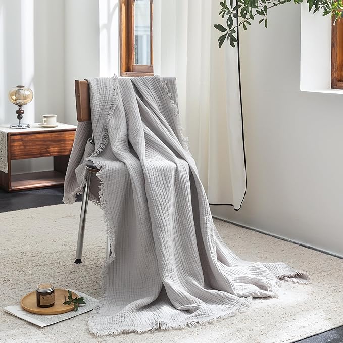 FOSSA Muslin Blanket with Fringe - 4-Layer 100% Cotton Gauze Super Soft & Breathable Throw -Lightweight Decorative Cooling Blanket for Bed, Sofa, Office -Twin XL Size 90" x 66" (Grayish)