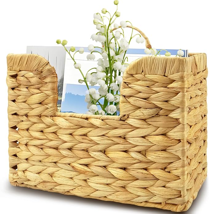 Woven Hanging Magazine Holder, Water Hyacinth Mail Basket Wall Mounted Magazine Basket Rack with Handle for Book, Files Bathroom, Home, Office - 11.75 X 4.2 X8 Inch