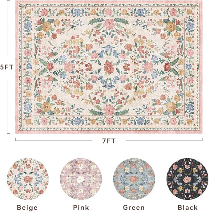 AMOAMI Vintage Floral 5x7 Area Rugs for Living Room Rug, Machine Washable Rug Non Slip Large Area Rug for Bedroom Indoor Low Pile Carpet Ultra Soft Boho Rugs for Dining Room Playroom Office, Beige