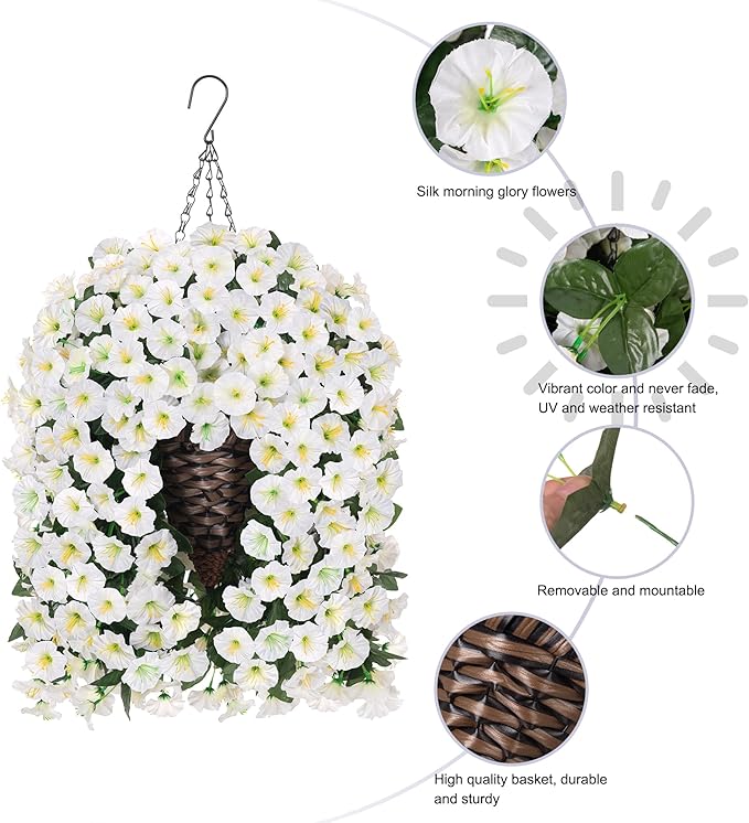 HyeFlora Artificial Faux Hanging White Flowers Plants Basket for Outdoor Outside Christmas Winter Decor, Fake UV Resistant Realistic Morning Glory Flowers for Porch Home Balcony Yard Patio Decoration