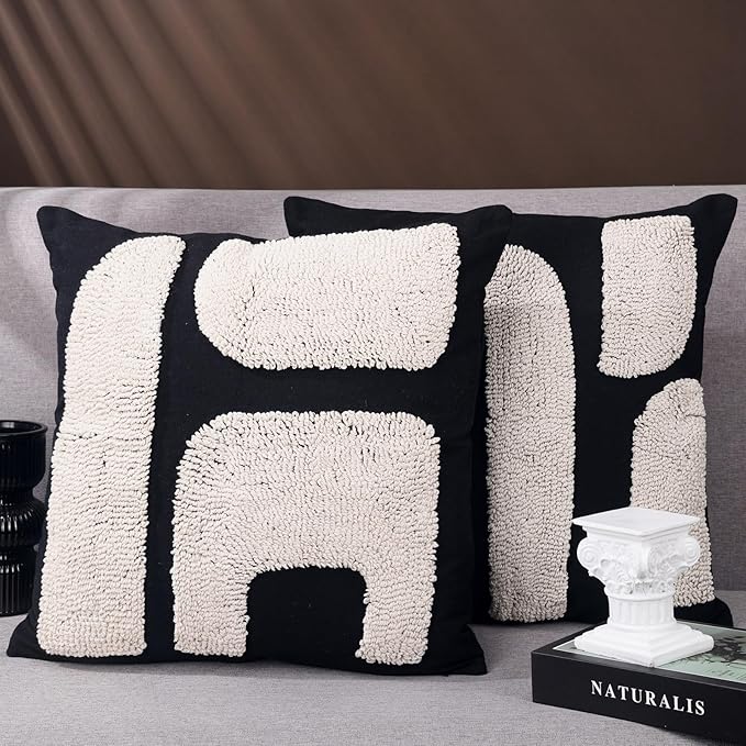 2 Pcs Black White Throw Pillow Covers Boho Chunky Tufted Pillow Cover 18 x 18 Inches Modern Woven Decorative Pillows Cases Abstract Pillows Sham for Living Room Bed Sofa Couch