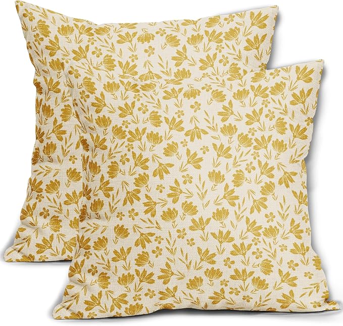 Yellow Floral Pillow Covers 16x16 Set of 2 Vintage Rustic Old Style Cute Small Flower Yellow Cream Print Decorative Outdoor Pillowcases Farmhouse Throw Cushion Case Decor for Couch Sofa Bed