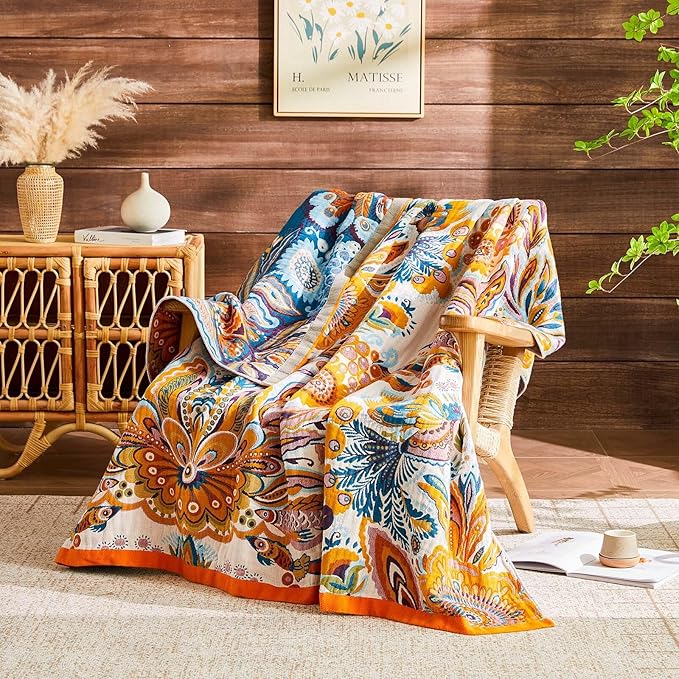 Boho Blanket Soft Muslin Boho Throw Blanket 100% Cotton Blanket All Seasons Reversible Rustic Floral Printed Vintage Rustic Farmhouse Decor Throw for Sofa Couch Chair (Yellow, 90"x98")
