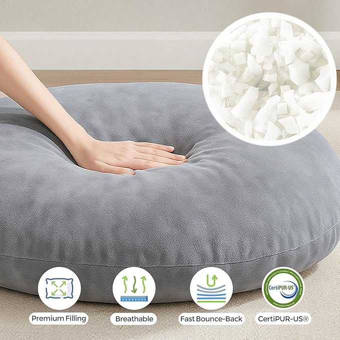 Codi Meditation Cushions Set of 2 – Large Round Floor Pillows for Adults with Removable Washable Cover, Soft and Supportive Floor Cushion for Yoga, Seating and Dog Bed, 32 inch - Grey